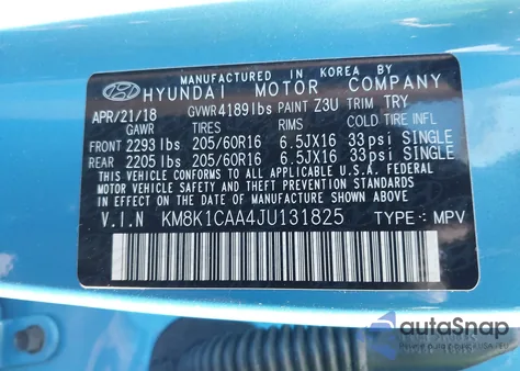 2018 Hyundai Kona Se from USA, damaged, VIN KM8K1CAA4JU131825